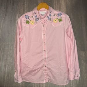 Susan Graver Style Pink Embroidered Western Button Down Shirt M